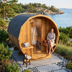 Sauna zewnętrzna w kształcie beczki dla 4-6 osób - piec 9 kW + gonty w zestawie - SNÖ